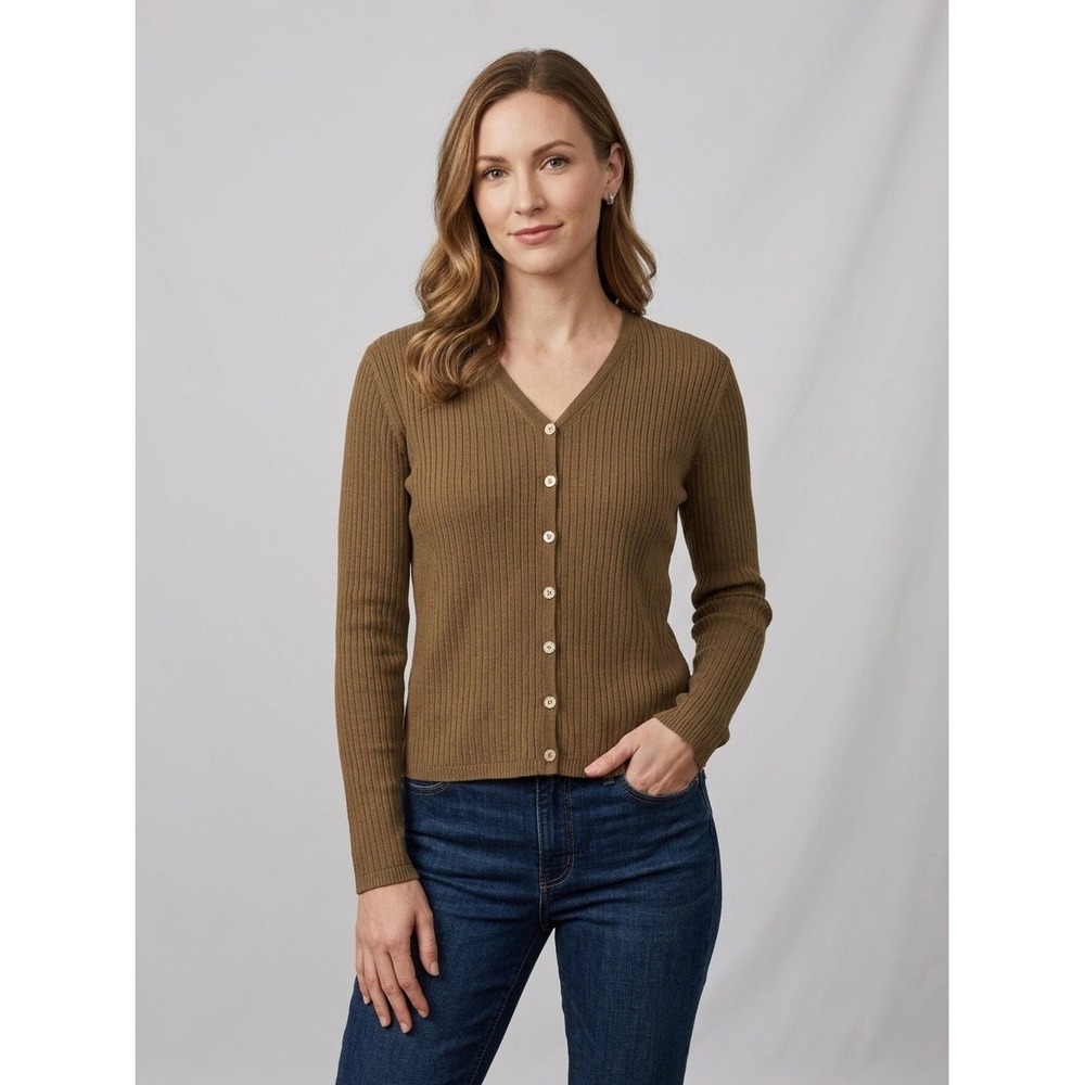 Banana Republic 100% Silk Ribbed Cardigan Brown V-Neck Button Front Sweater Sz L